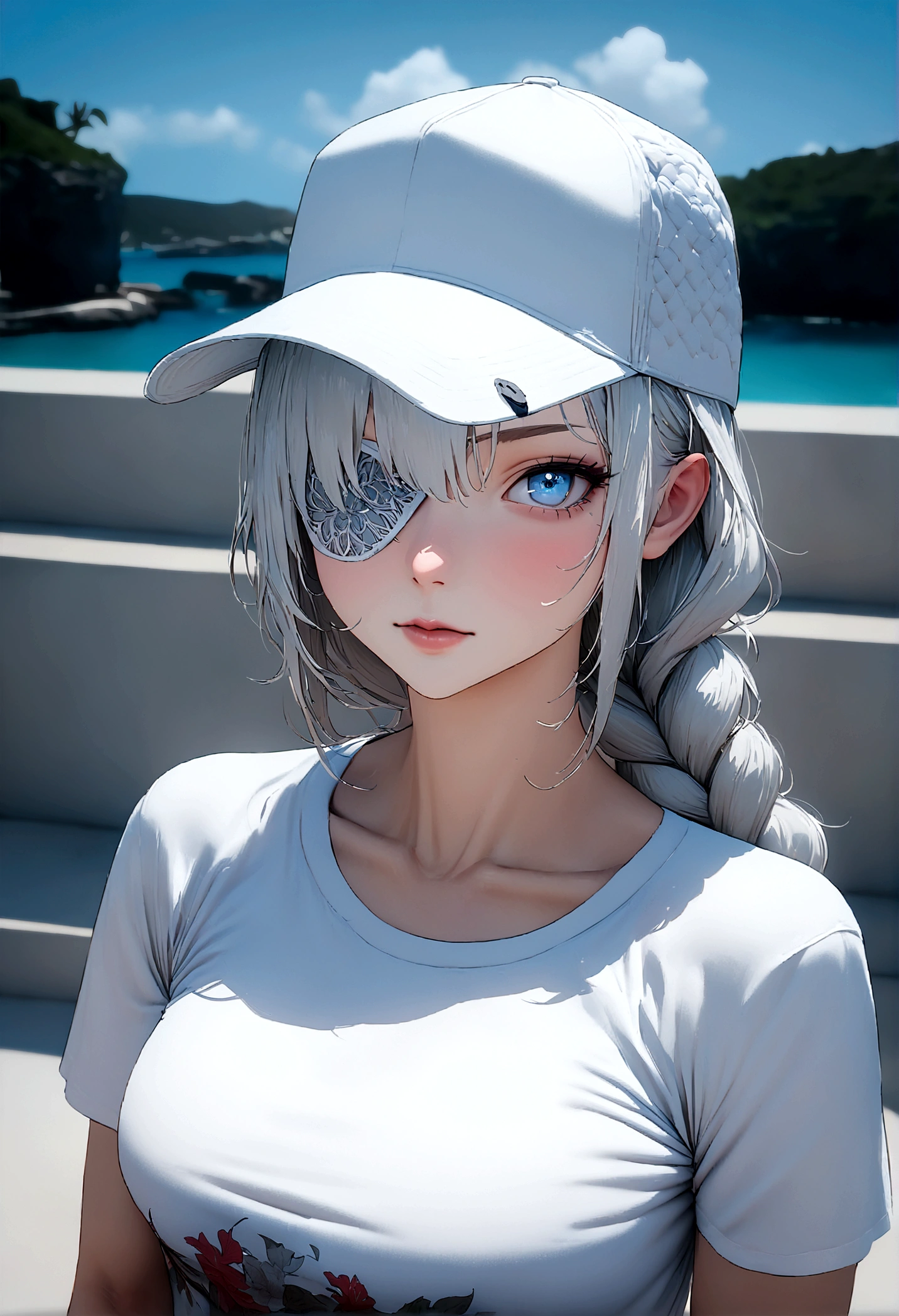 (absurdities, 8K, 4k, masterpiece, hyper extreme detailed:1.2), Alone, 1 girl, portrait, Best Quality, expressive eyes, perfect face, portrait, looking at the viewer, Alone, standing, Casual clothes, toned, by white, eye patch, braided hair, wide, medium breasts, Scars, Blue eyes, very wide, military, Bermuda, White T-shirt, toned body, athletic body, muscular, friendly, calm, graphic t-shirt, medium bust, graphic t-shirt, baseball cap,