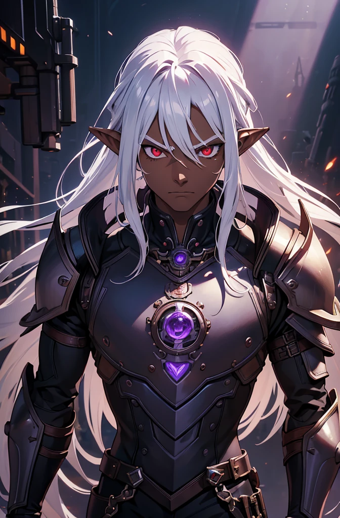 ((best quality)), ((masterpiece)), (detailed), ((boy)), ((mechanical armor)), (steampunk), (serious), dark skinned, human, upper body, portrait, red eyes, long white hair, Xemnas from Kingdom Hearts, half-drow, pointy ears, serious face, dramatic lighting, purple hue, art by Kinema Citrus