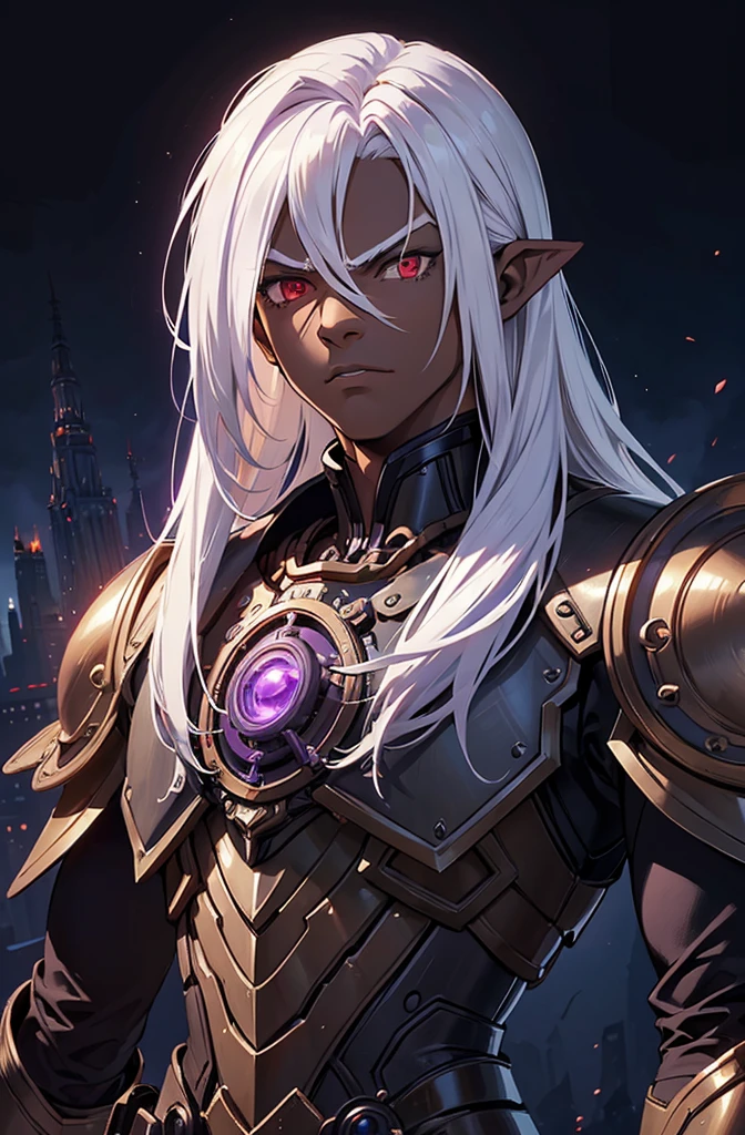 ((best quality)), ((masterpiece)), (detailed), ((boy)), ((mechanical armor)), (steampunk), (serious), dark skinned, human, upper body, portrait, red eyes, long white hair, Xemnas from Kingdom Hearts, half-drow, pointy ears, serious face, dramatic lighting, purple hue, art by Kinema Citrus