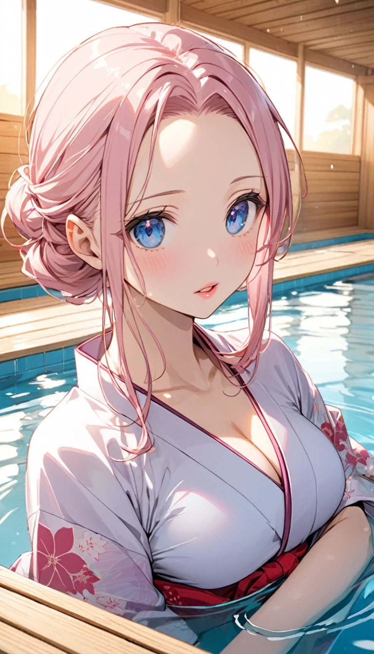 young woman, light pink long hair without bangs, open forehead, thin pink lips, bright blue eyes, breast size three Japanese kimono, japanese clothing style
water, sauna