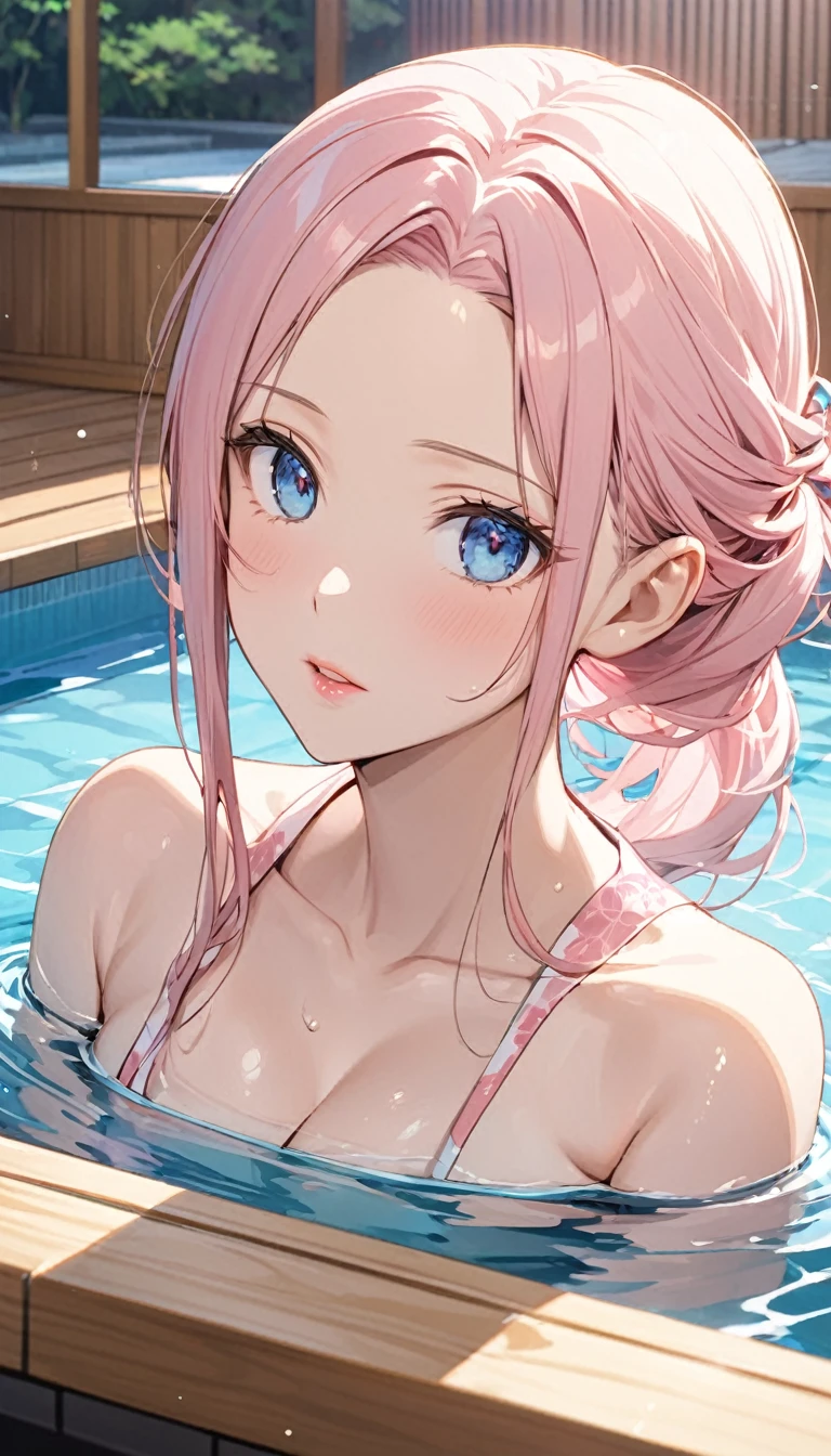 young woman, light pink long hair without bangs, open forehead, thin pink lips, bright blue eyes, breast size three Japanese kimono, japanese clothing style
water , swimming pool, sauna 