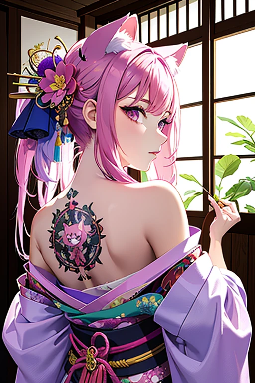 (masterpiece, Highest quality, Highest quality, Official Art, beautifully、aesthetic:1.2),One girl, tattoo, alone, kimono, hair ornaments, unsheathing, Pink Hair, sheath, back tattoo, Violet Eyes, Off the shoulder, Bare shoulders, Recall, From behind, flower, View your viewers, Holding, compensate,
indoor, Pink cat ears