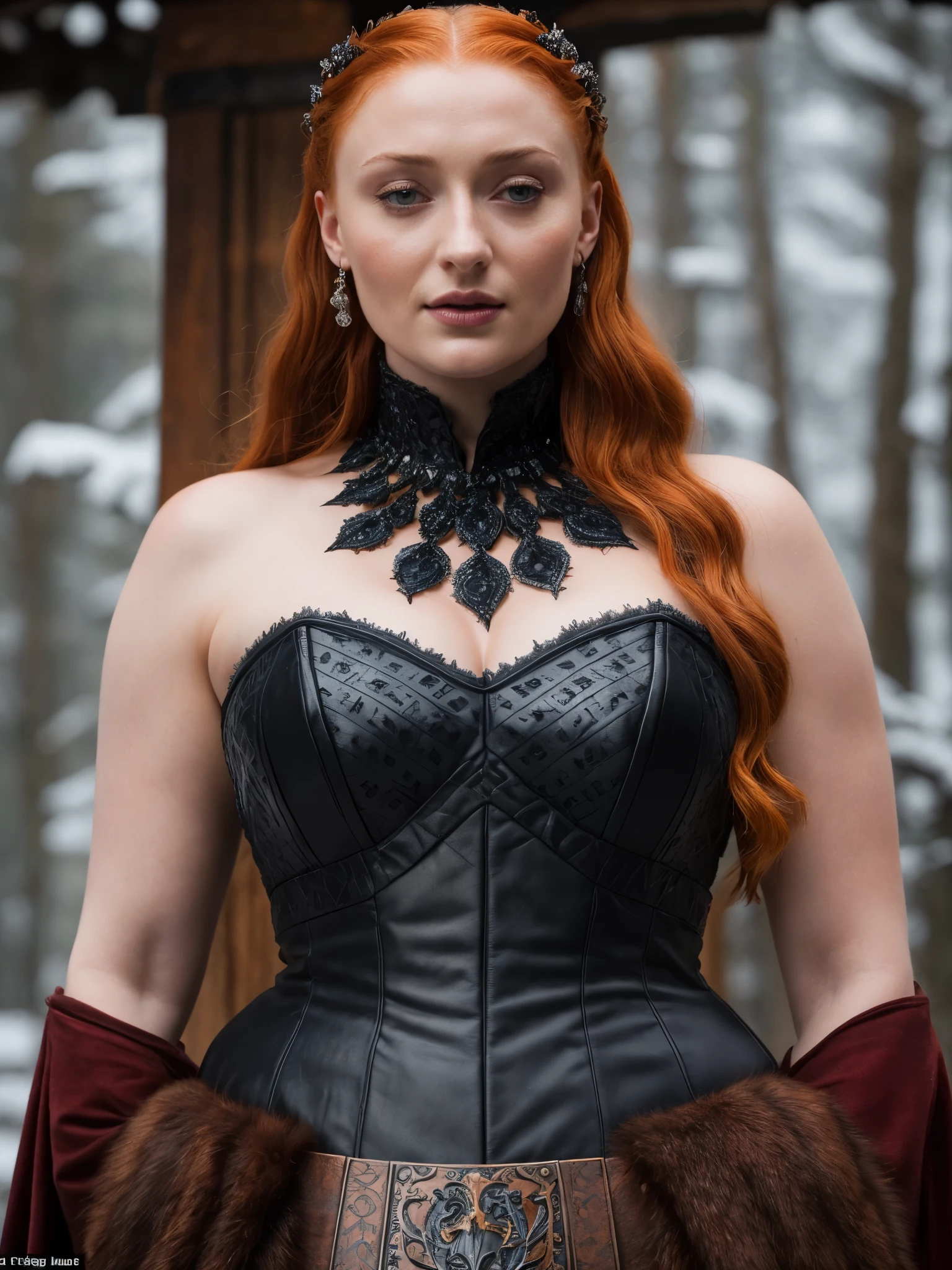 Face of Sophie Turner, Sansa Stark played by Sophie Turner, the de facto Lady of the Eyrie, is a 40-year-old mature queen with a stunning, alluring appearance. Full Face, Full figured woman, pierced eyes, reddish lips, upper body shot, erotic Mediaeval costumes, game of thrones costumes, She wears a Game of Thrones-inspired costume and has a deep cleavage, a perfect thick body, and a perfect thick figure. The photograph captures her in a close-up, with her skin texture and facial features being ultra-realistic and realistic. Juicy thick figure, high quality skin, Skin pores, amazing details, snow, snow flakes, semi realistic, extremely detailed eyes, dark moody orange and black settings, cool environment, artificial intelligence