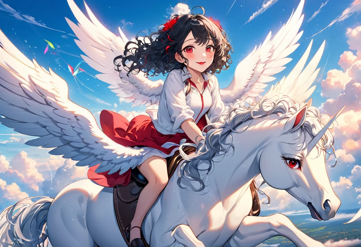 (a curly:1.3 black hair long hair beautiful cute girl, cute red eyes, ecstasy smile, red lips) and (a beautiful Pegasus back with detailed biggest white wings), break, (girl is Riding on the back of Pegasus), (in the over sky), (background a beautiful sky and rainboe), BREAK, perfect anatomy, masterpiece, best quality, 16k, beautiful detailed grow, daydreaming expression.
