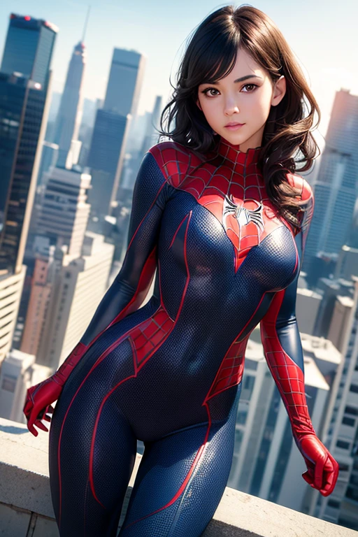 8k, best quality, (masterpiece:1.2), (realistic, photo-realistic:1.37), ultra-detailed, ((1girl)), innocent face, short wavy dark hair, wearing a spiderman outfit, standing on a ledge of a tall building, overlooking an evening skyline