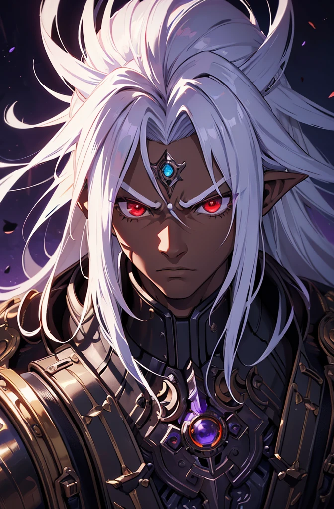 ((best quality)), ((masterpiece)), (detailed), ((boy)), ((mechanical armor)), (steampunk), (serious), dark skinned, human, upper body, portrait, red eyes, long white hair, Xemnas from Kingdom Hearts, half-drow, pointy ears, serious face, dramatic lighting, purple hue, art by Kinema Citrus