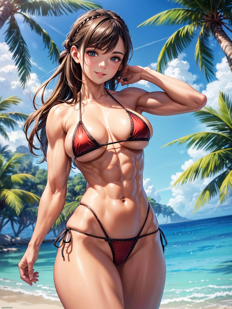 ,(best quality, ultra-detailed, realistic:1.37, masterpiece:1.2), woman, beautiful detailed eyes, beautiful detailed lips, brown hair tied up, smile,micro bikini, (muscular body:1.1),slim figure, caustics, textile shading, toned body, clean abs, palm trees swaying, 