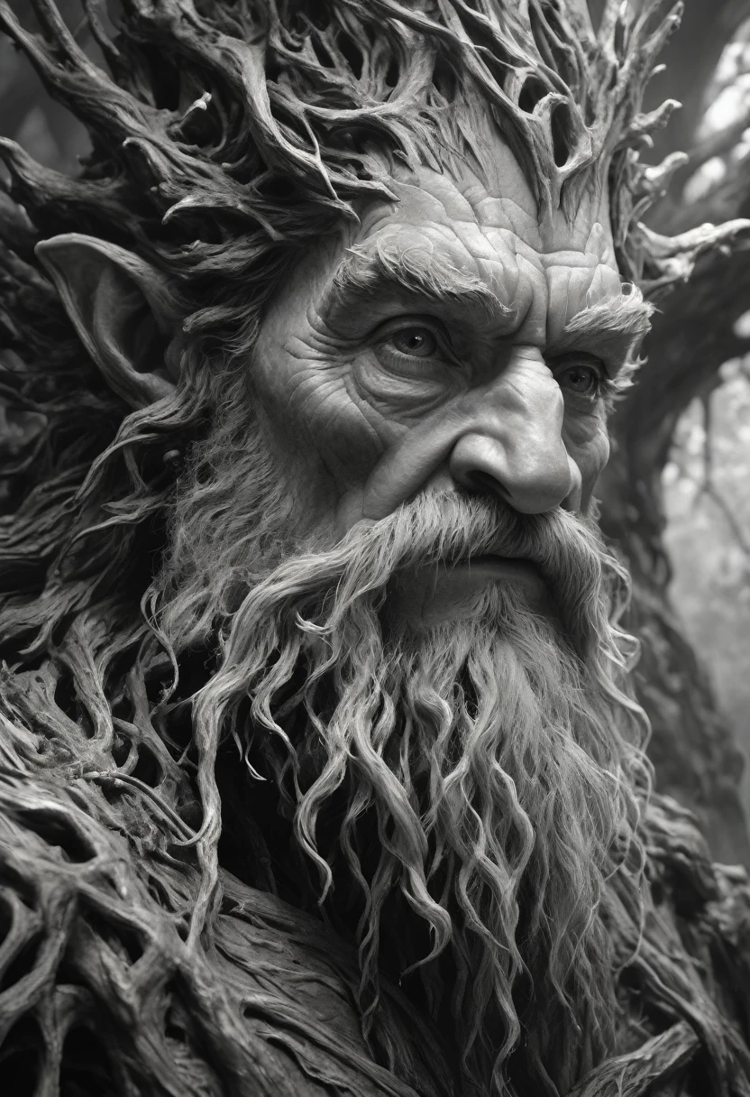 stunning black and white graphite sketch of Treebeard, up close shot, from The Lord Of The Rings trilogy, in dynamic pose, by Anna Razumovskay, (by Alyssa Monks:1.1), by Joseph Lorusso, by Lilia Alvarado, beautiful lighting, sharp focus, 8k, high res, (pores:0.1), (sweaty:0.8), Masterpiece, Nikon Z9, Award - winning photograph, --ar 16:9 --style raw --stylize 750 --niji 6, perfect composition, beautiful detailed intricate insanely detailed octane render trending on artstation, 8 k artistic photography, photorealistic concept art, soft natural volumetric cinematic perfect, wide angle view
