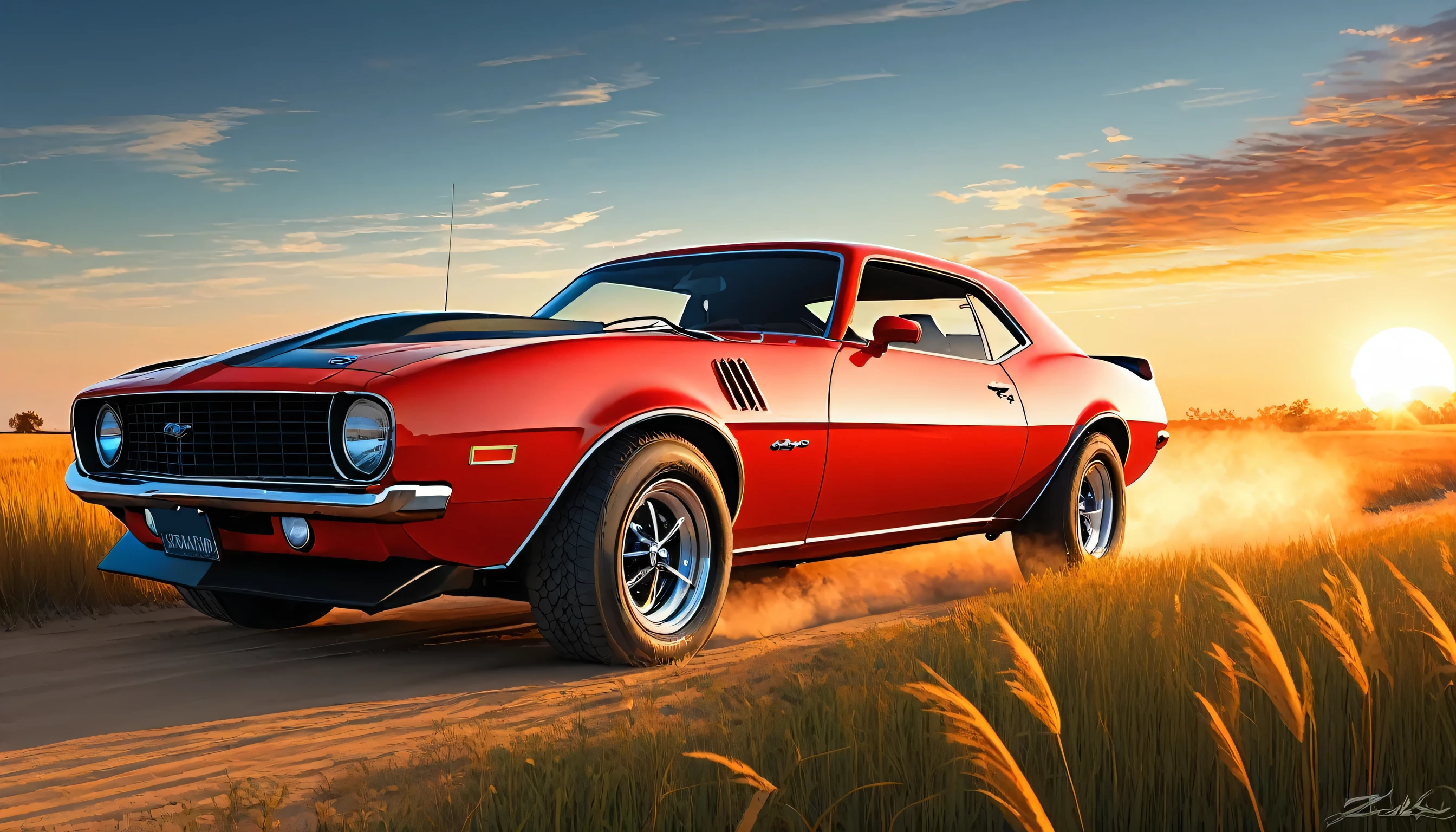 stylized digital art featuring a vintage red Ford T parked by a dusty dirt road through a field during sunset. The sky is a warm orange, Yellow and red, with the sun setting on the horizon. Draw a car from behind,Glossy blue,body. Chevrolet Camaro.1973 model.The fields are covered with tall grass swaying in the wind.. Grass is depicted in shades of green and brown, There are bright spots too, This may have been an artistic choice to emphasize the intensity of the scene.. The overall art style is reminiscent of Comic art, Bold lines and a limited color palette enhance the dramatic effect of the scene.. art:Dechko Uzunov, Highly detailed vector art, Red Dead Redemption art style, at sunset, Comic art, Digital Ford T, Then Martin, Evan Charlton, sunset!, Eddie Mendoza, sunset illustration sun, Featured art, Digital colorful illustration, (masterpiece), Highest quality