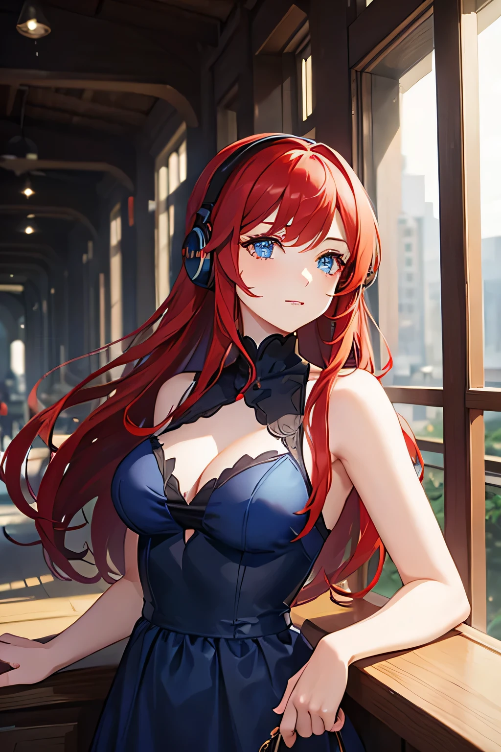 A beautiful young woman with shoulder-length red hair, blue colored eyes, blue dress and wearing black headphones
