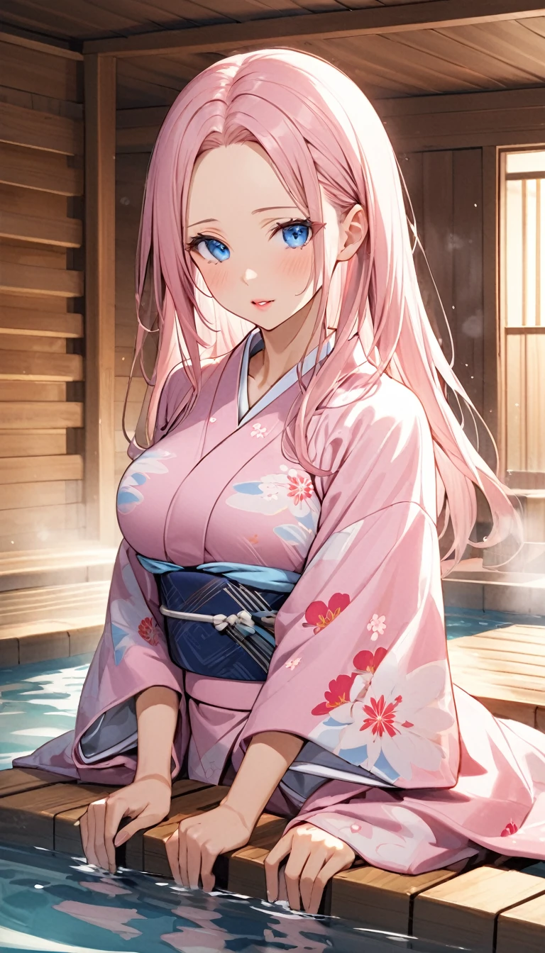 young woman, light pink long hair without bangs, open forehead, thin pink lips, bright blue eyes, japanese clothing style, Ancient Japan, almost without clothes
water, sauna 