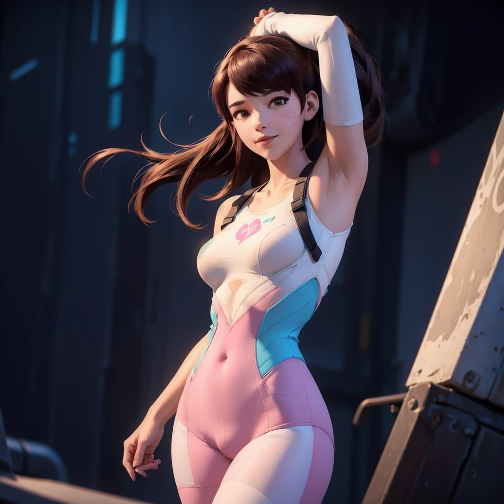 DVA from Overwatch without her mech, a woman with short brown hair in a ponytail,she stands in Busan Korea, high quality refelctions, volumetric lighting, she is wearing her classic thin tight figure hugging stretchy pink white and blue full bodysuit, soft simple plain sport bodysuit, the bodysuits is like a yoga outfit, she stands on the street, (1 girl solo), cinematic lighting, high resolution, physically-based rendering, 8k, volumetric lighting, hyperrealistic, detailed facial features, masterpiece, full upper body, city in background, cinematic,she has very small breasts, flat breasts , the focus is on her whole body and the environment, cinematic screenshot, you can see the whole environment and her standing on the street, the picture has a very soft look at soft textures, cute smile, her arms are on her side, DVA is posing and does a peace symbol with her fingers, woman body, no bra, 1 person, 1 head, Overwatch cinematic graphic style