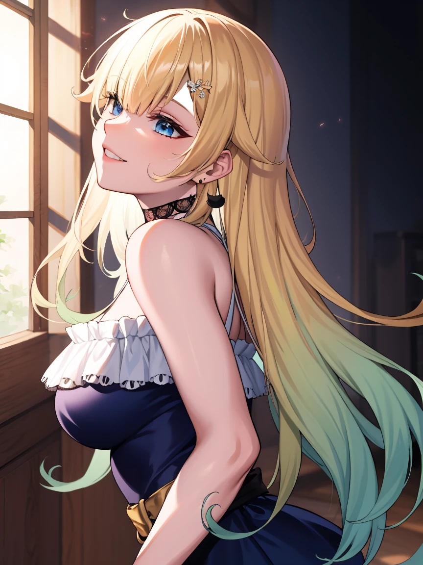 Portrait, official art, best masterpiece, best quality, best resolution, 8K, best detailed, (perfect anatomy:1.3)
BREAK
shaft head tilt, from behind, from side
BREAK
aizawa ema, long hair, gradient hair, blond hair, hair ornament, earrings, blue eyes, lace choker, black choker, bare shoulders, criss-cross halter, blue dress, frils, black bow, black gloves, thigh strap, fishnet, single thighhigh, (large breasts:1.2), solo, 1girl
BREAK
(smile:1.1), (cheeks), (close your mouth)
BREAK
chair, very detailed 16KCG wallpapers