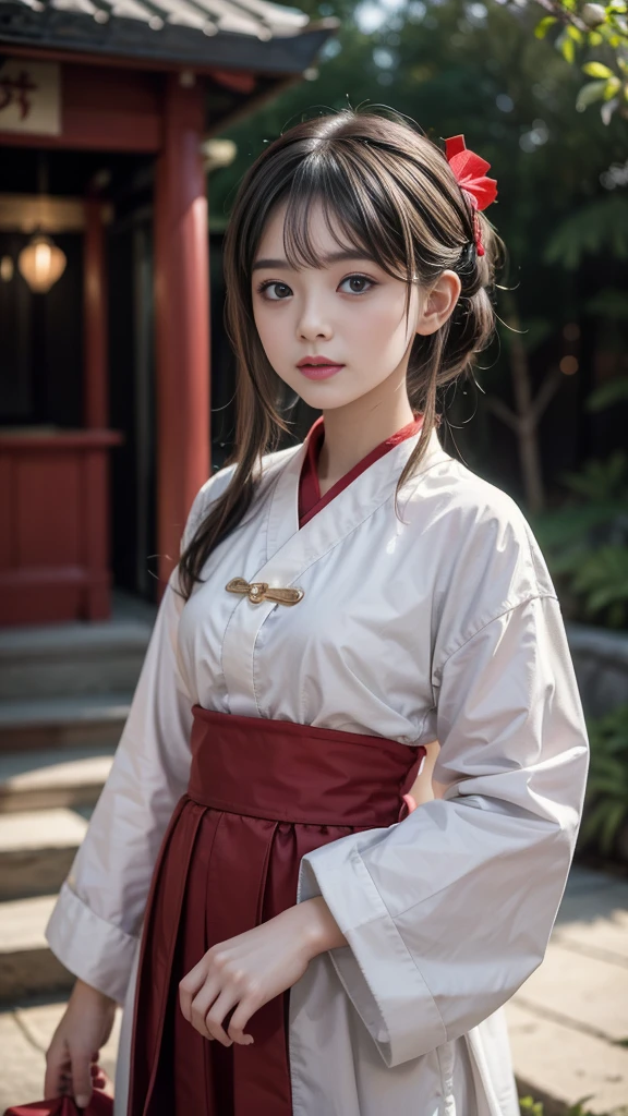 Beautiful girl in shrine maiden outfit, Baby Face, Outstanding Style, Ultra-detailed, Short Hair, Professional photography techniques, Cinema Lighting, Highest quality, masterpiece, 8K, RAW Photos
