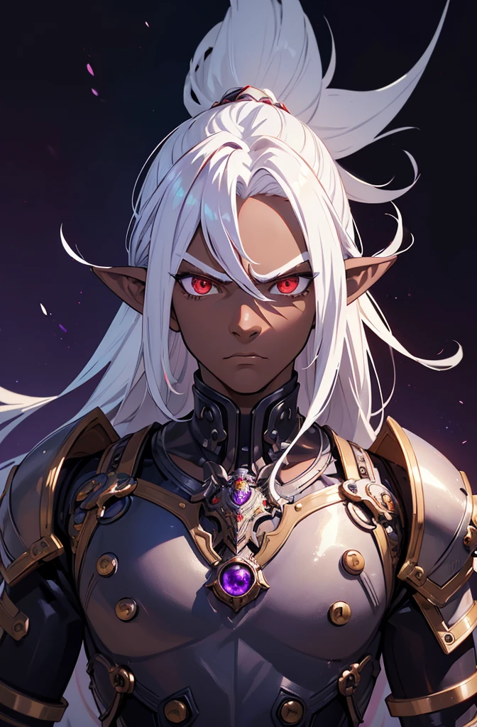 ((best quality)), ((masterpiece)), (detailed), ((boy)), ((mechanical armor)), (steampunk), (serious), dark skinned, human, upper body, portrait, red eyes, long white hair, Xemnas from Kingdom Hearts, half-drow, pointy ears, serious face, dramatic lighting, purple hue, art by Kinema Citrus
