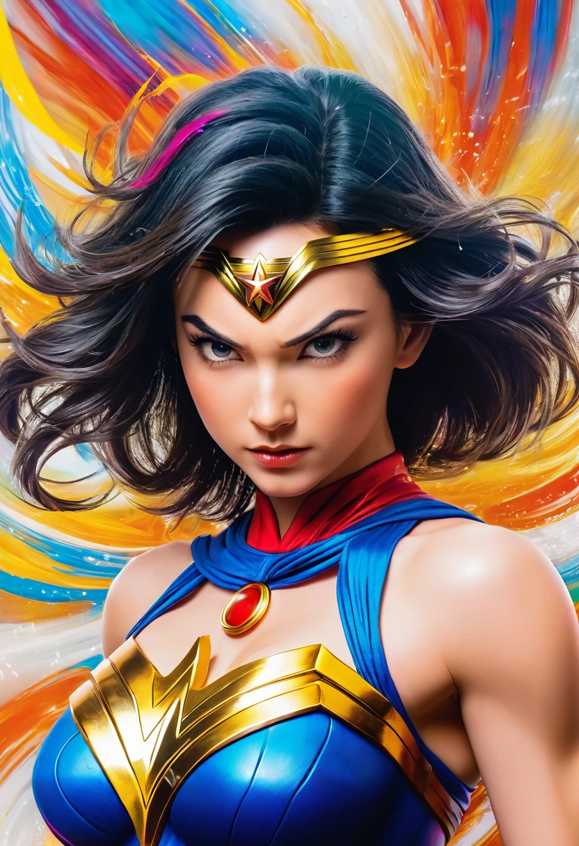 ((Extreme close-up Wonder Woman Dragon Ball Z surreal images color Splash)))