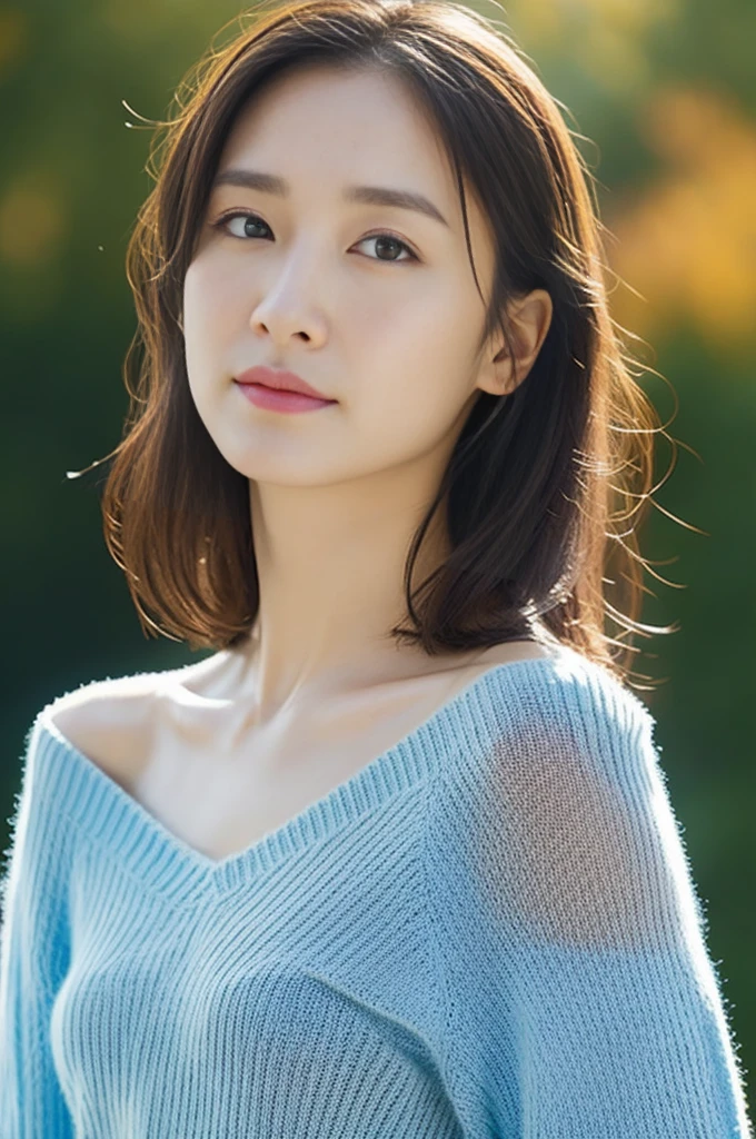 8K, Highest quality, masterpiece:1.2, Realistic, Photorealistic, Ultra-detailed, Natural light, Light knit V-neck shirt, Highly detailed face and skin, Detailed eyes, Highly detailed face and skinの中間ショット, Beautiful woman staring at camera, Chris Foss off-the-shoulder tight-knit sweater, Autumn Light, huge , Light blue fabric, Straight Hair