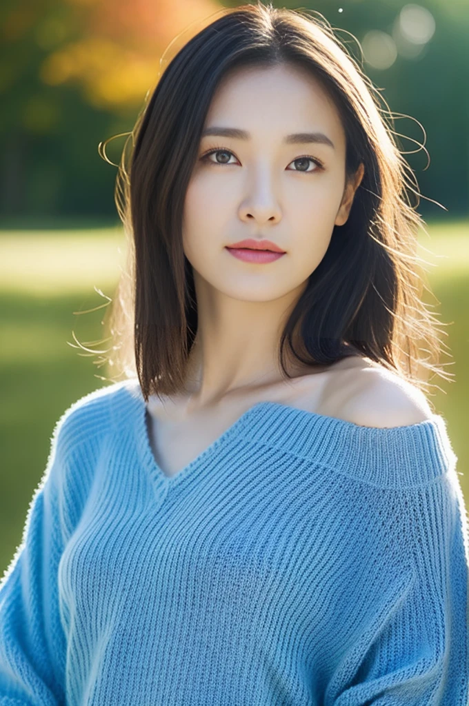 8K, Highest quality, masterpiece:1.2, Realistic, Photorealistic, Ultra-detailed, Natural light, Light knit V-neck shirt, Highly detailed face and skin, Detailed eyes, Highly detailed face and skinの中間ショット, Beautiful woman staring at camera, Chris Foss off-the-shoulder tight-knit sweater, Autumn Light, huge , Light blue fabric, Straight Hair