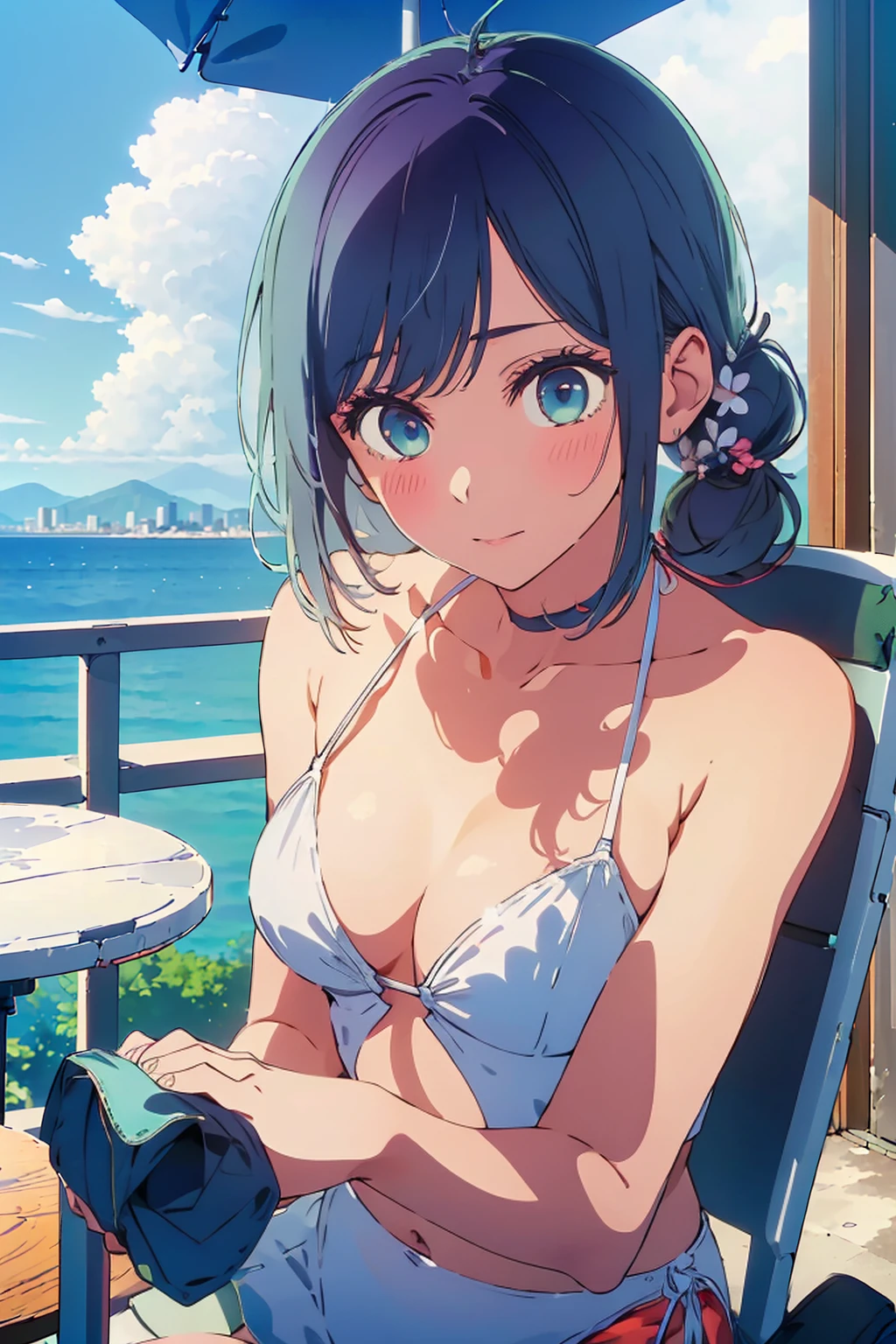 (Highest quality:1.4、8K:1.4、detailed)、F cup bust、Big Breasts、Slim body、Very white beautiful skin、((((1 person、Surprised expression、sit、Chair、In the background are the urban buildings of Tokyo、looking at the camera、Outdoor café terrace、coastal、Navy hair color、juice、White side string high leg bikini、Shooting up close、table、Very cute face))))、(Wavy low ponytail:1.4、Pose of putting hair behind ears with both hands:1.4)、Very blue sky、A completely cloudless sky