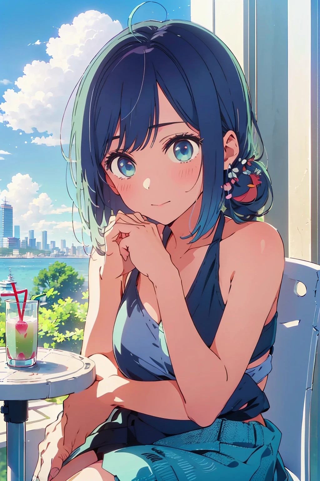 (Highest quality:1.4、8K:1.4、detailed)、F cup bust、Big Breasts、Slim body、Very white beautiful skin、((((1 person、Surprised expression、sit、Chair、In the background are the urban buildings of Tokyo、looking at the camera、Outdoor café terrace、coastal、Navy hair color、juice、White side string high leg bikini、Shooting up close、table、Very cute face))))、(Wavy low ponytail:1.4、Pose of putting hair behind ears with both hands:1.4)、Very blue sky、A completely cloudless sky