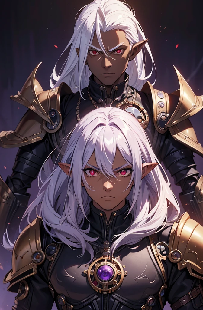 ((best quality)), ((masterpiece)), (detailed), ((boy)), ((mechanical armor)), (steampunk), (serious), dark skinned, human, upper body, portrait, red eyes, long white hair, Xemnas from Kingdom Hearts, half-drow, pointy ears, serious face, dramatic lighting, purple hue, art by Kinema Citrus
