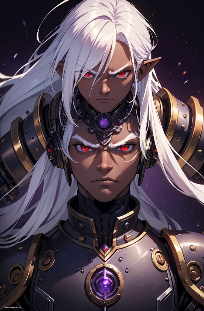 ((best quality)), ((masterpiece)), (detailed), ((boy)), ((mechanical armor)), (steampunk), (serious), dark skinned, human, upper body, portrait, red eyes, long white hair, Xemnas from Kingdom Hearts, half-drow, pointy ears, serious face, dramatic lighting, purple hue, art by Kinema Citrus