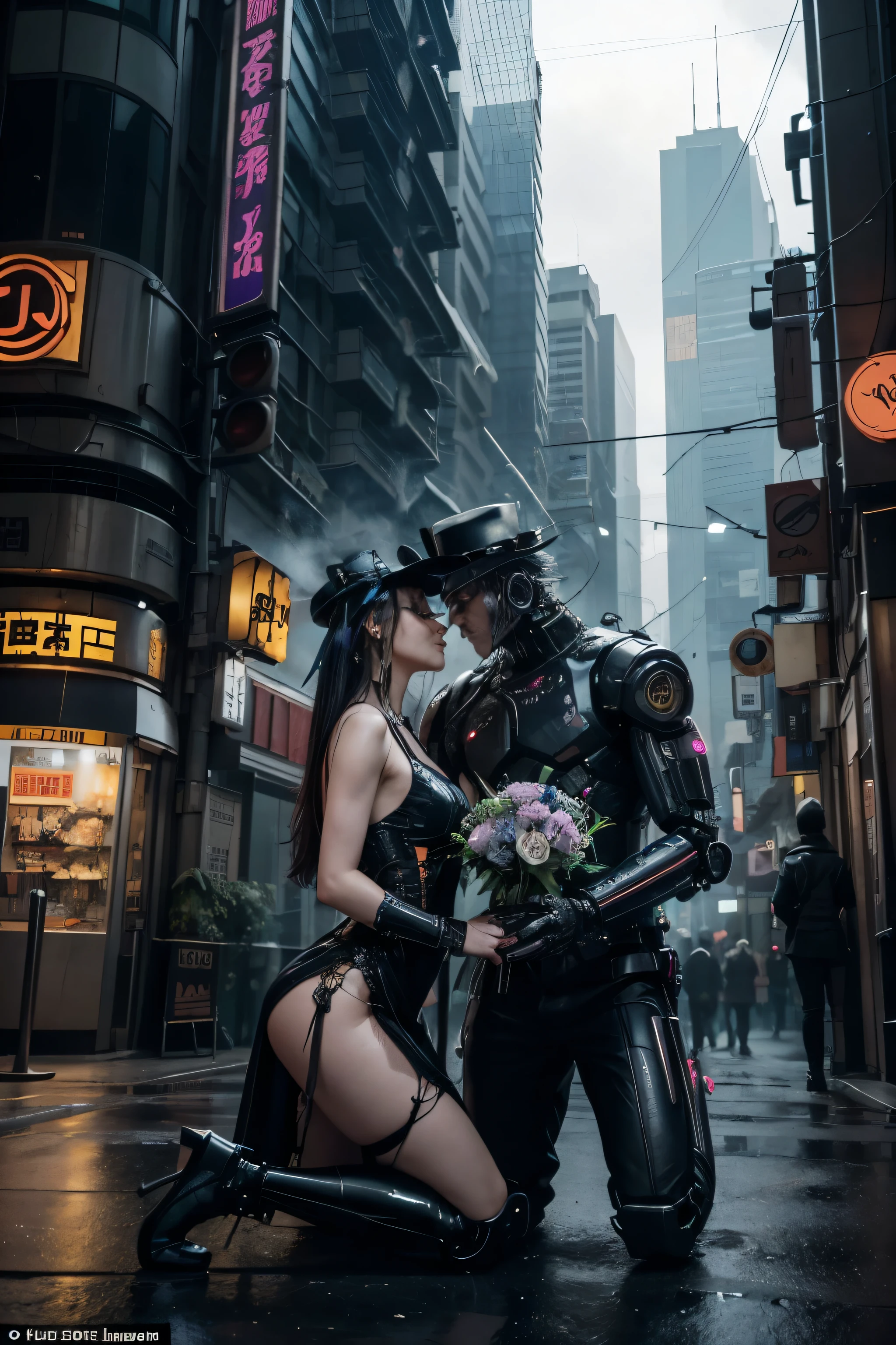 Acting as a detailed and realistic Cyberpunk designer! Generate an image of two robots kneeling in front of each other. They hand each other a bouquet of flowers! A bionic being, half man and half machine(ROBO) wearing a holey top hat is kneeling in a dystopian cybepunk world, Light background colors reveal details of the cybercity with lots of Japanese advertising in colorful neon! The bionic man delivers on his knees, black roses for a Bionic Being(robot woman) half machine and half human standing in front of you, with a long, torn black dress and purple eyes modified with cyberpunk technology! The man wears a well-torn top hat with gears! And the woman wears a long, torn dress with chains hanging from it.! They visibly have body parts replaced with cybernetic prosthetics, Both the man and the woman are half robot and half human. Parts that blend in with their body flesh! This Cyberhuman couple is surrounded by advanced technology on a different planet, with a lot of Japanese propaganda, lots of gear in buildings and cars! And smoke coming out of the manholes with a lot of Japanese advertising with a lot of neon, full of buildings and robots. He wears a torn top hat and she wears a long dress! They are both robots!