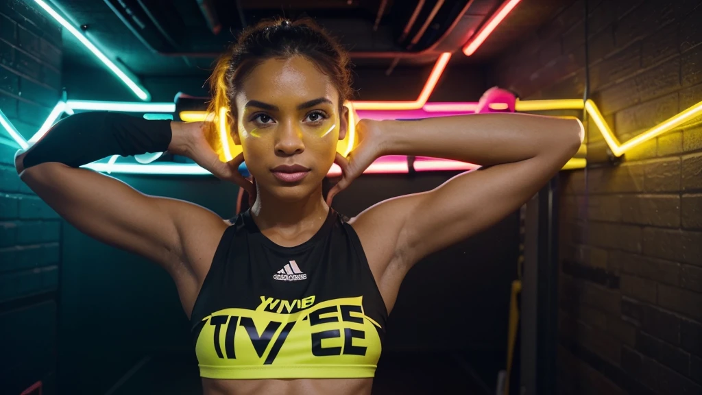 Create a vibrant and energetic poster for a YouTube workout playlist. The poster should feature a bold and dynamic design with a dark background and neon accents. Include abstract elements like sound waves, lightning bolts, or geometric shapes. Show diverse, fit individuals in motion, engaging in various exercises like running, lifting weights, or doing yoga. Use a mix of bright colors like red, blue, and yellow. Prominently display the text 'Ultimate Workout Playlist' in large, bold font. Ensure the design conveys energy, motivation, and fitness.