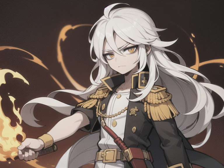  boy, with long, wavy white hair, Eyes red, wearing white military clothing, holding a burning katana, with a calm face.