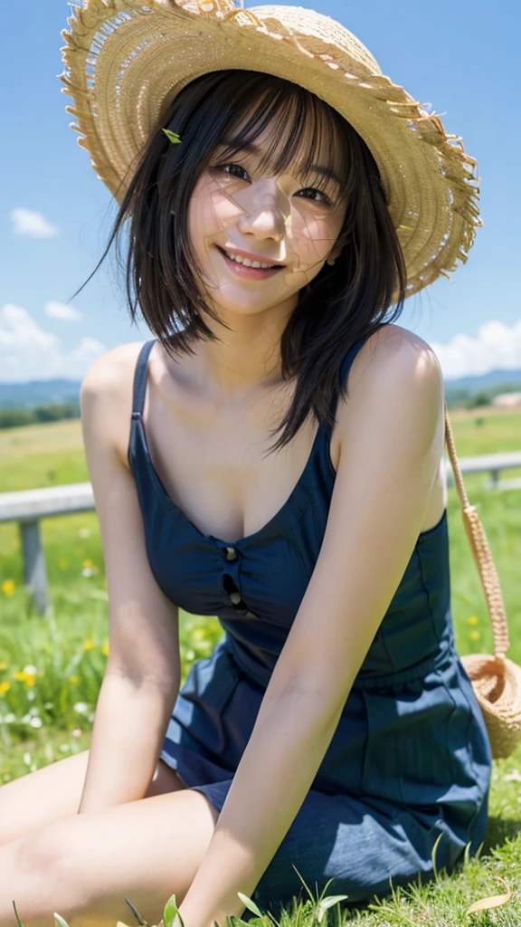 (highest quality,masterpiece:1.3,ultra high resolution),(Super detailed,caustics,8k),(photorealistic:1.4,RAW shooting),18-year-old,cute,Japanese,straw hat,Black Hair Middle Hair,(strong wind:1.1),(hair blowing in the wind:1.1),(one piece),(smile),looking at the camera,blue sky,sun,Natural light,(top of the hill),(Tall green grassland:1.1),(sitting in the grass:1.1),(ground level shot:1.1),(shot from the waist up),(low position:1.1),(Low - Angle:1.1)