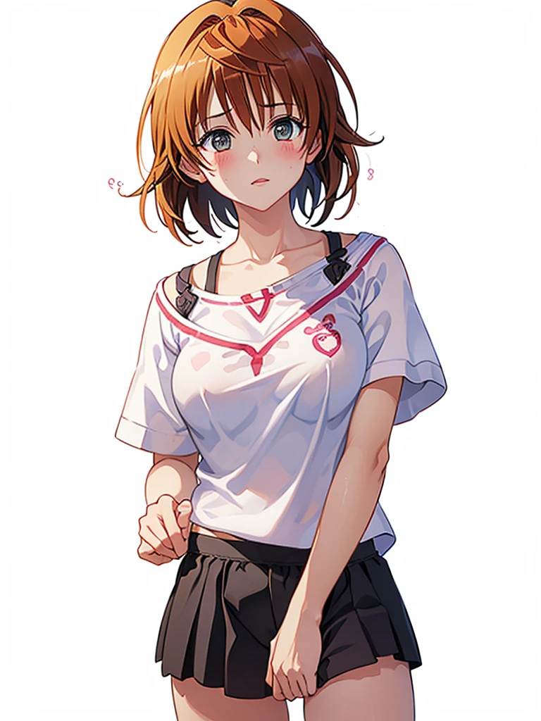 1girl, breasts, blush, short hair, shirt, 1boy, white background, shorts, solo focus, dark skin, holding hands, flying sweatdrops, spiked hair, genderswap, clothes writing, genderswap (mtf),red lips