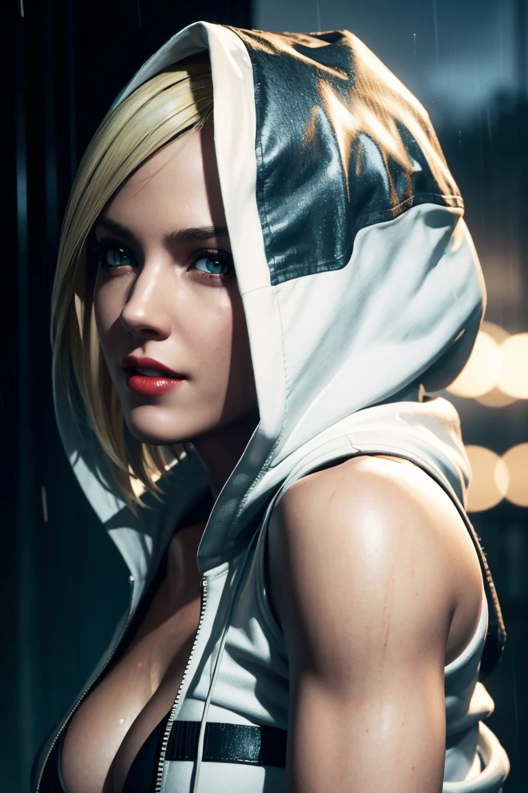 Resident Evil 6,Shelley,Short Hair,Blonde Hair,White hoodie,Photorealistic,Ultra HD,high quality,masterpiece,Digital SLR,Detailed details,Intricate details,Anatomical basis,Depicted in detail,A detailed face,Realistic skin texture,Vivid details,Perfect Anatomy,Perfect Anatomy,Anatomically correct hand,Anatomically correct fingers,Super Detail,Complex 3D rendering,Sexy pose,Rainy Sky,Beautiful scenery,Fantastic rainy sky,Picturesque,Red Lip,smile,