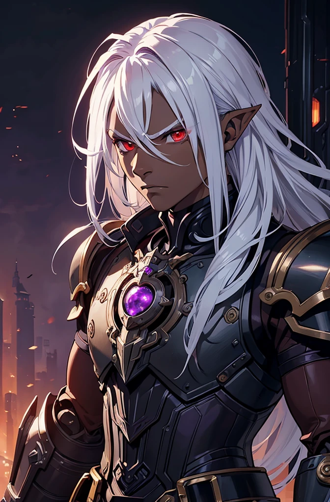 ((best quality)), ((masterpiece)), (detailed), ((boy)), ((mechanical armor)), (steampunk), (serious), dark skinned, human, upper body, portrait, red eyes, long white hair, Xemnas from Kingdom Hearts, half-drow, pointy ears, serious face, dramatic lighting, purple hue, art by Kinema Citrus
