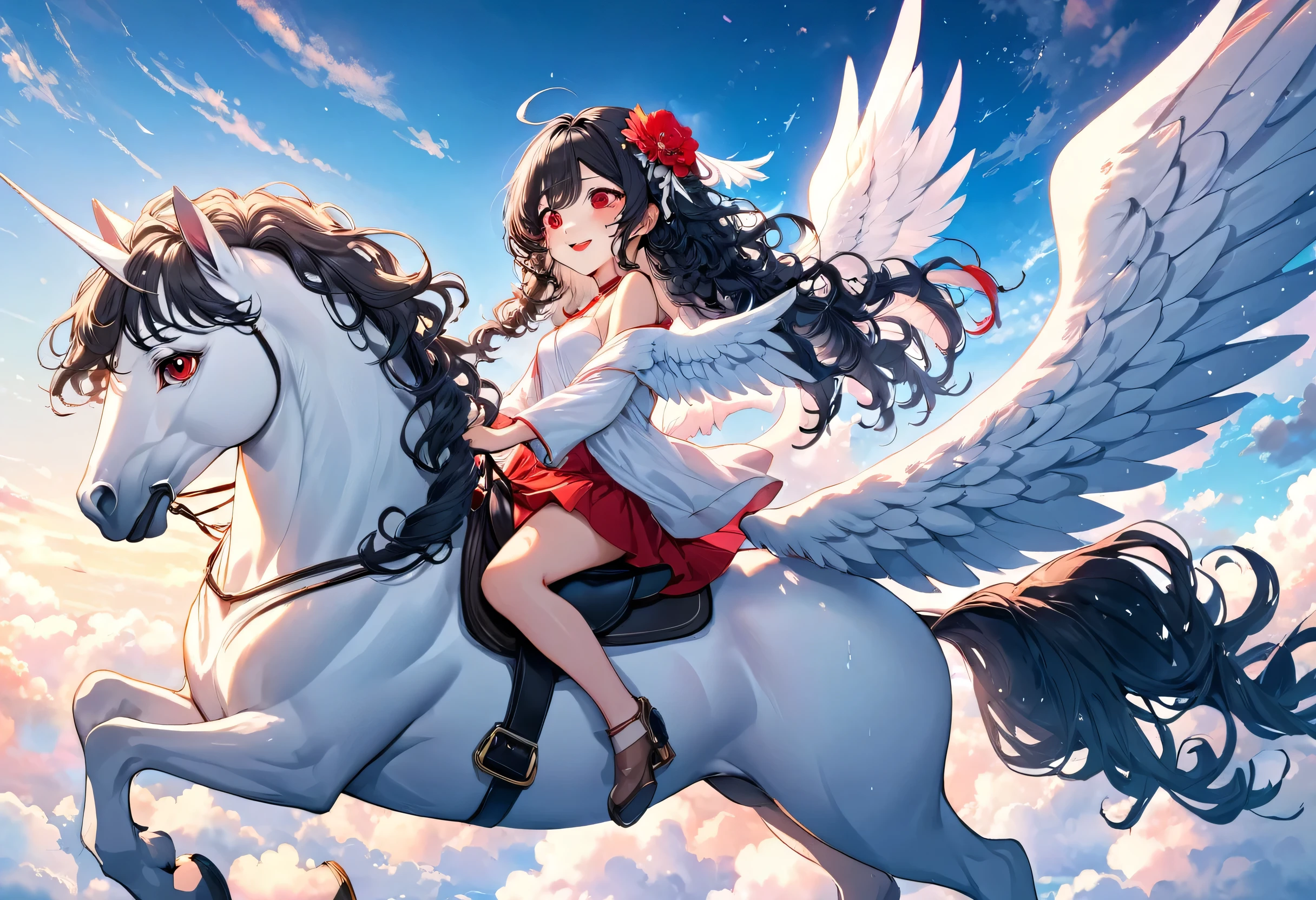 (a curly:1.3 black hair long hair beautiful cute girl, cute red eyes, ecstasy smile, red lips) and (a beautiful Pegasus back with detailed biggest white wings), break, (girl is Riding on the back of Pegasus), (in the over sky), (background a beautiful sky and rainboe), BREAK, perfect anatomy, masterpiece, best quality, 16k, beautiful detailed grow, daydreaming expression.