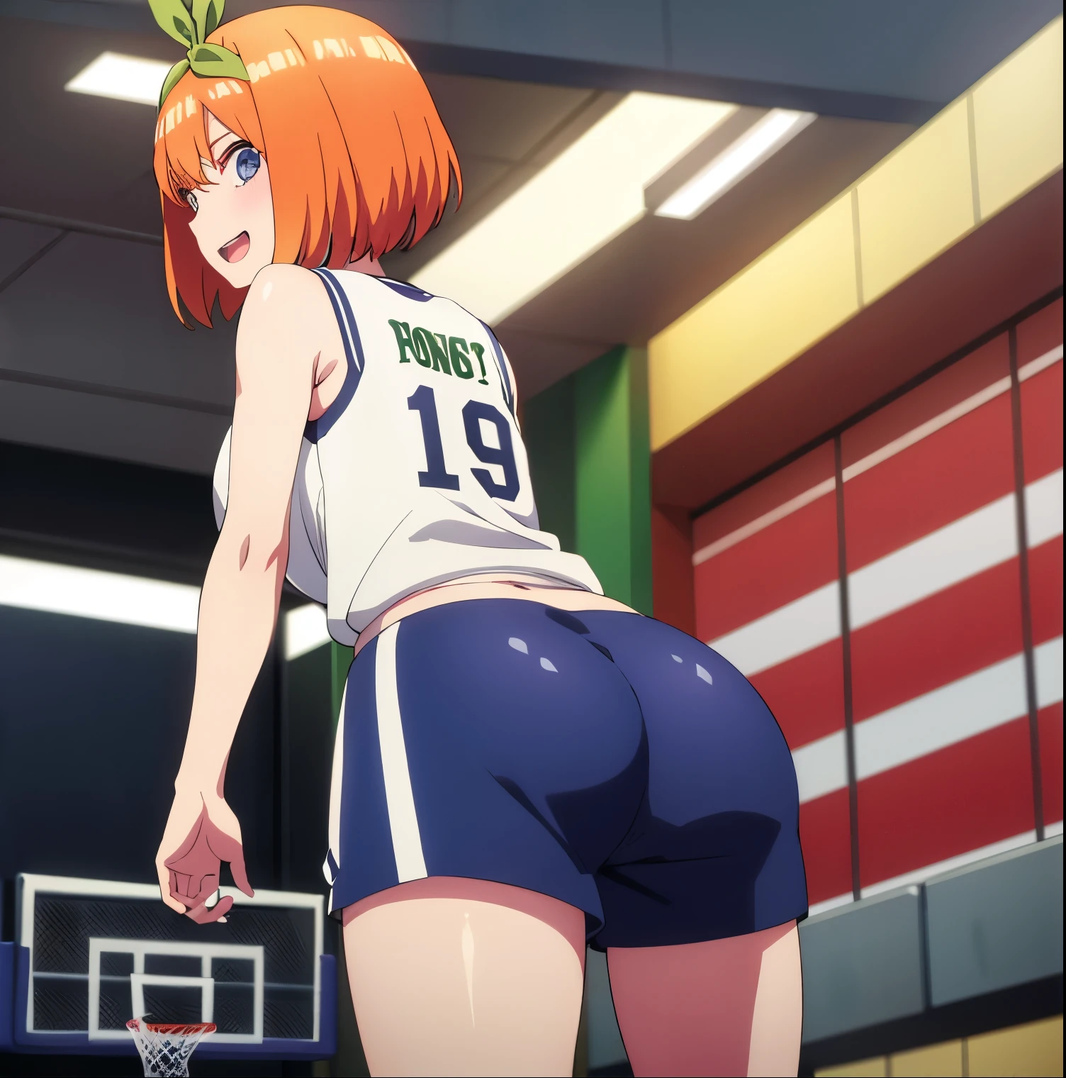 1 girl, alone, yotsuba nakano, masterpiece, detailed, cowboy photo, looking at viewer, best quality, high resolution, good lighting, dynamic posture, curvy body, short hair, orange hair, headband, green headband, headband, green bow,((neckline)), ((basketball uniform)),sleeveless ((basketball)),((bare legs)),white tennis shoes,sweat,smile, ((1girl)),((only)), indoor,basketball court, big breasts , medium waist, wide hips, medium thighs, round butt, standing, looking back, from behind, ((focus on ass)), point of view (from below), perfect anatomy, perfect hands