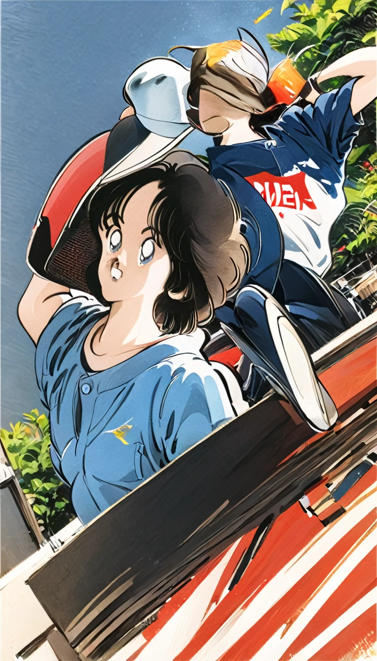 A girl with short hair wearing a baseball cap backwards、boyish、Spiky Hair、Fluttering Hair、fine、bright、stylish、Casual clothing、Casual Background、Cool angle、