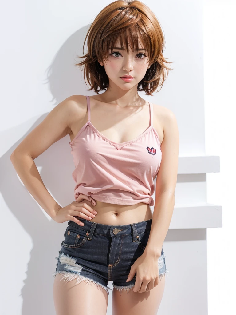 1girl, breasts, blush, short hair, shirt, 1boy, white background, shorts, solo focus, dark skin, holding hands, flying sweatdrops, spiked hair, genderswap, clothes writing, genderswap (mtf),red lips