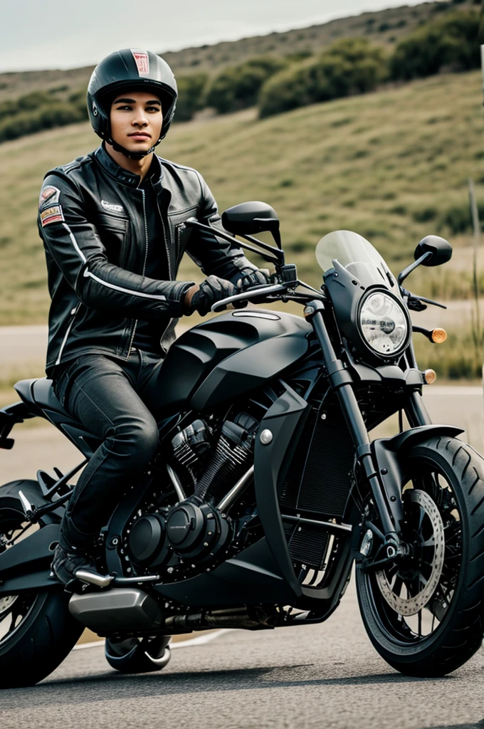 Young man on black sports motorcycle