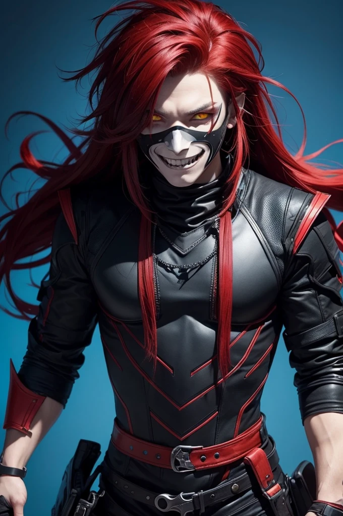 I want a male character with black and red hair, yellow eyes and a mask with a scary smile and a blue background 
