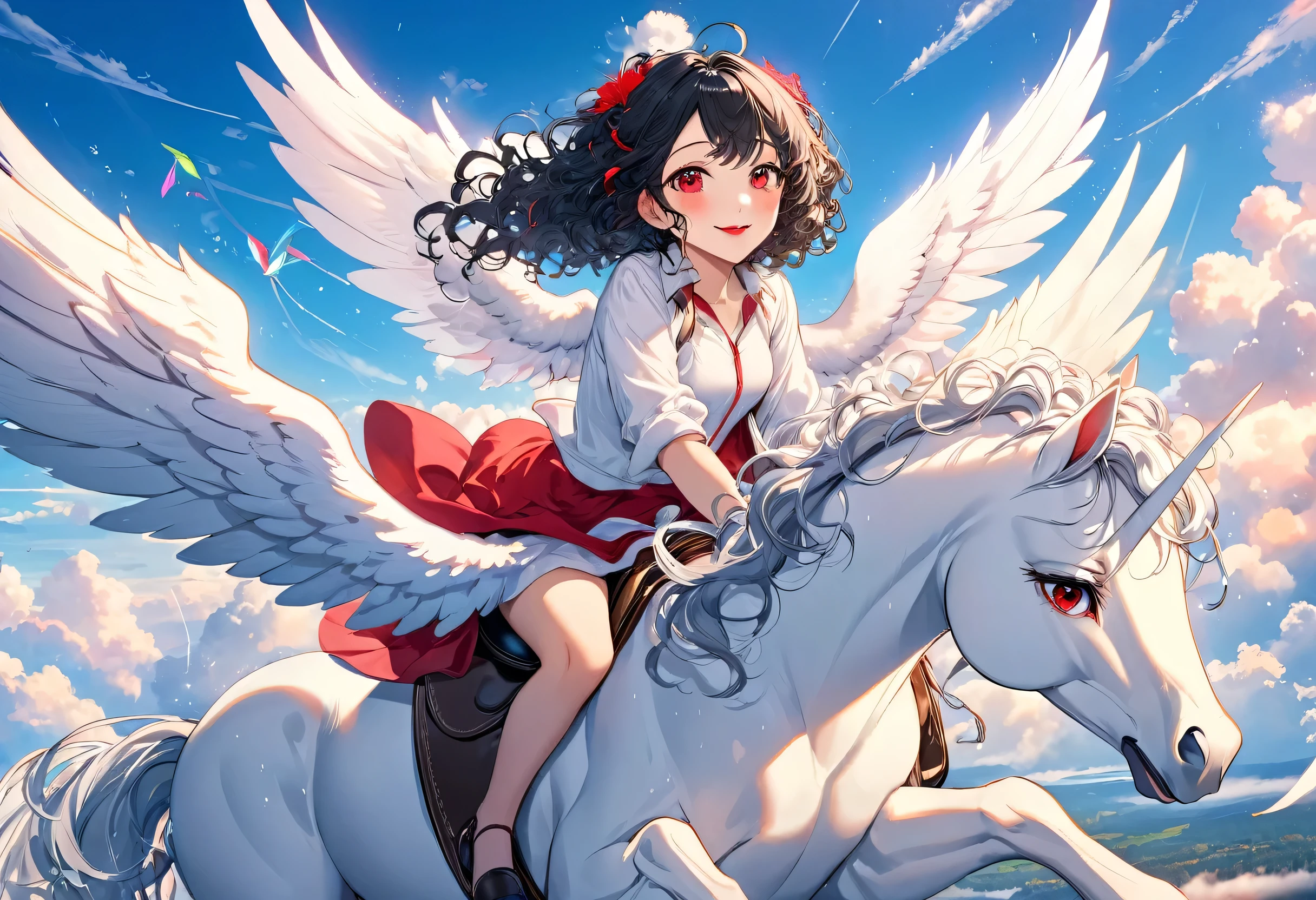 (a curly:1.3 black hair long hair beautiful cute girl, cute red eyes, ecstasy smile, red lips) and (a beautiful Pegasus back with detailed biggest white wings), break, (girl is Riding on the back of Pegasus), (in the over sky), (background a beautiful sky and rainboe), BREAK, perfect anatomy, masterpiece, best quality, 16k, beautiful detailed grow, daydreaming expression.