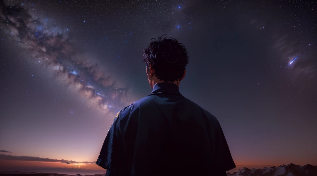 arafed man looking at the stars in the sky, looking towards the cosmos, looking into space, looking at the stars, looking at the stars, Looking at the sky, lost in the vastness of space, looking at the stars, looking towards the horizon, looking into the distance, quiet night. over the shoulder shot, looking at the stars por la noche