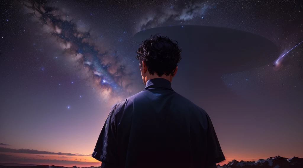 arafed man looking at the stars in the sky, looking towards the cosmos, looking into space, looking at the stars, looking at the stars, Looking at the sky, lost in the vastness of space, looking at the stars, looking towards the horizon, looking into the distance, quiet night. over the shoulder shot, looking at the stars por la noche