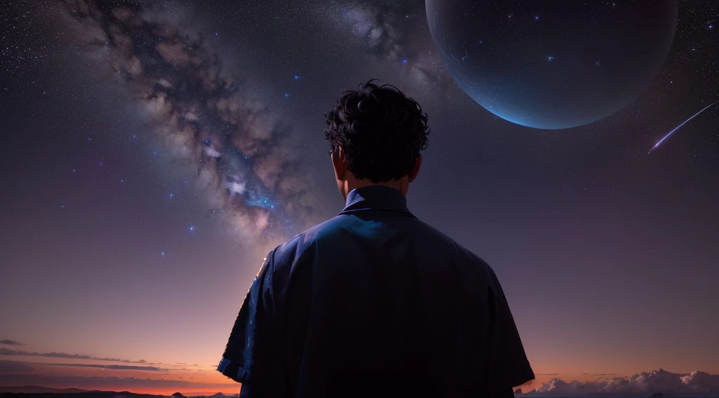 arafed man looking at the stars in the sky, looking towards the cosmos, looking into space, looking at the stars, looking at the stars, Looking at the sky, lost in the vastness of space, looking at the stars, looking towards the horizon, looking into the distance, quiet night. over the shoulder shot, looking at the stars por la noche