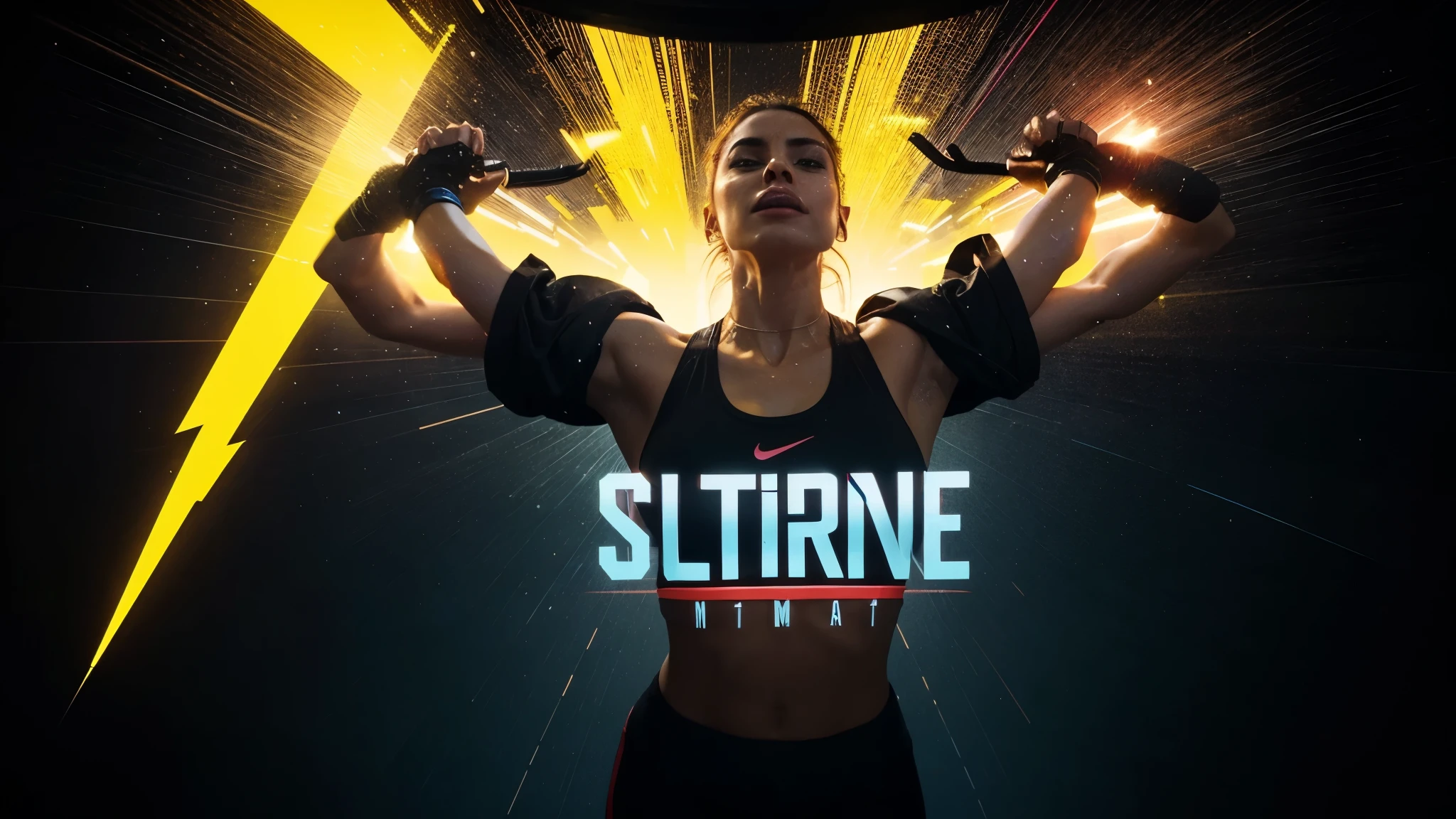 Create a vibrant and energetic poster for a YouTube workout playlist. The poster should feature a bold and dynamic design with a dark background and neon accents. Include abstract elements like sound waves, lightning bolts, or geometric shapes. Show diverse, fit individuals in motion, engaging in various exercises like running, lifting weights, or doing yoga. Use a mix of bright colors like red, blue, and yellow. Prominently display the text 'Ultimate Workout Playlist' in large, bold font. Ensure the design conveys energy, motivation, and fitness.