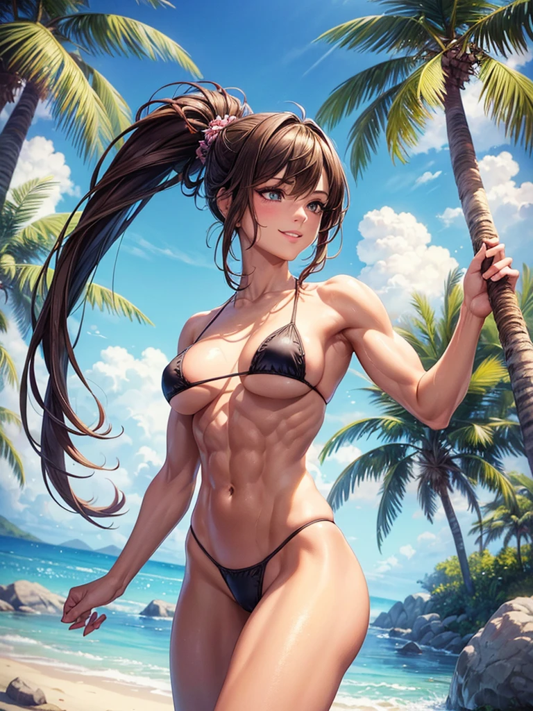 ,(best quality, ultra-detailed, realistic:1.37, masterpiece:1.2), woman, beautiful detailed eyes, beautiful detailed lips, brown hair tied up, smile,micro bikini, (muscular body:1.1),slim figure, caustics, textile shading, toned body, clean abs, palm trees swaying, 