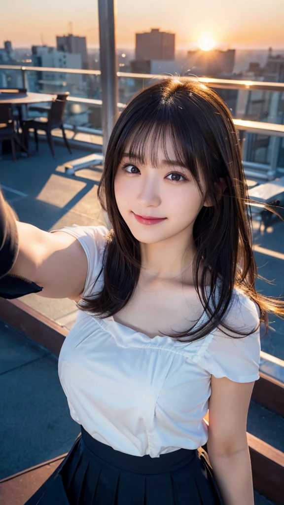 (nsfw:1.5)、(highest quality,masterpiece:1.3,Ultra-high resolution),(Super detailed,Caustics,8k),(Photorealistic:1.4,RAW shooting),Japanese,23 years old,cute,Are standing,(A big smile),(Looking into the camera),Black Hair Middle Hair,Big Breasts,White blouse,Knee-length skirt,Strong winds,Hair blowing in the wind,Rooftop,Backlight,Sunset,Sunset sky,(Selfie),(Bust up shot),(Face Focus:1.1),(Face close up:1.1),(High Position),(High angle),Natural light