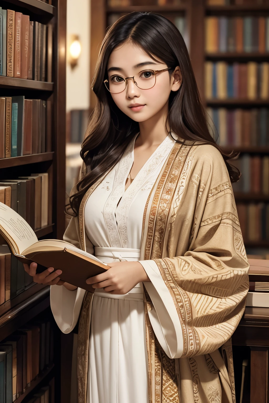 detailed face of photo. 20 year old white skin slim body Indonesian girl with a sweet  face,   round face chubby face and long brown wavy hair, round glasses wearing a long Arabic batik pattern robe and long skirt while choosing books in the ancient library