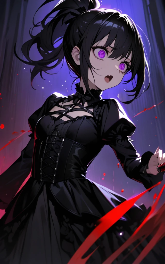 (masterpiece)、(absurdres)、(ultra detailed)、solo lady、shiny black hair、shiny purple eyes、short highponytail
、1white ribbon:1.1、small breast:0.8、gothic dress,Crazy Eyes、Despair Dark Side、Swinging a sword、Blood droplets、darkness,