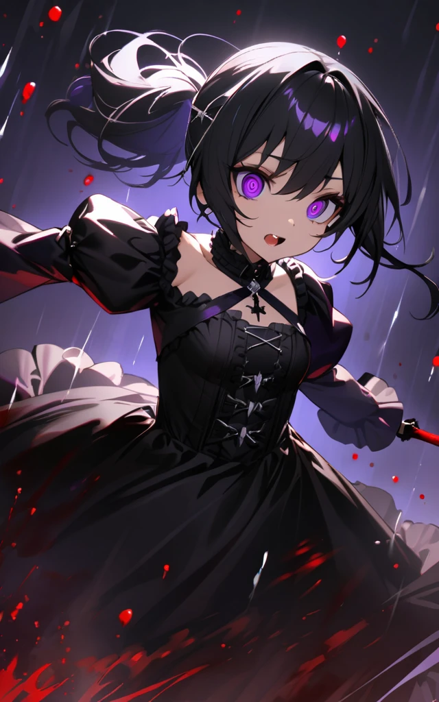 (masterpiece)、(absurdres)、(ultra detailed)、solo lady、shiny black hair、shiny purple eyes、short highponytail
、1white ribbon:1.1、small breast:0.8、gothic dress,Crazy Eyes、Despair Dark Side、Swinging a sword、Blood droplets、darkness,