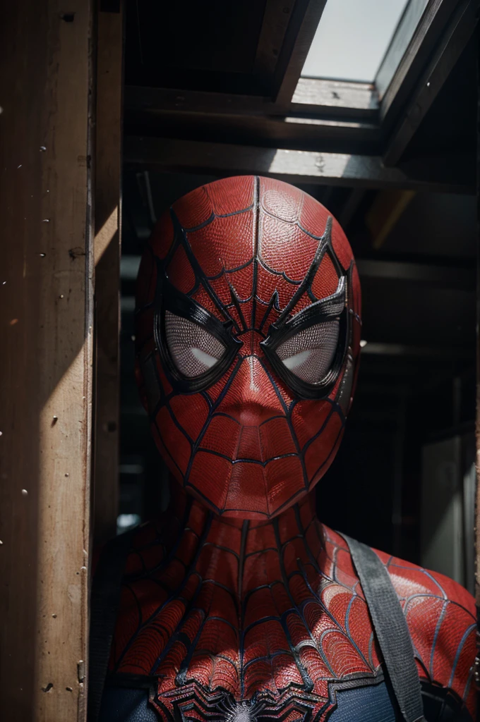 A photograph of spider man, no mask, 20 yo, handsome, detailed face, looking at camera, portrait, 8k uhd, high quality